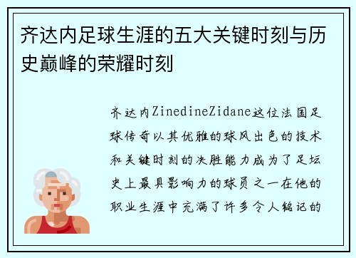 齐达内足球生涯的五大关键时刻与历史巅峰的荣耀时刻