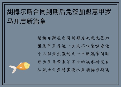 胡梅尔斯合同到期后免签加盟意甲罗马开启新篇章 胡梅尔斯合同到期后免签加盟意甲罗马开启新篇章